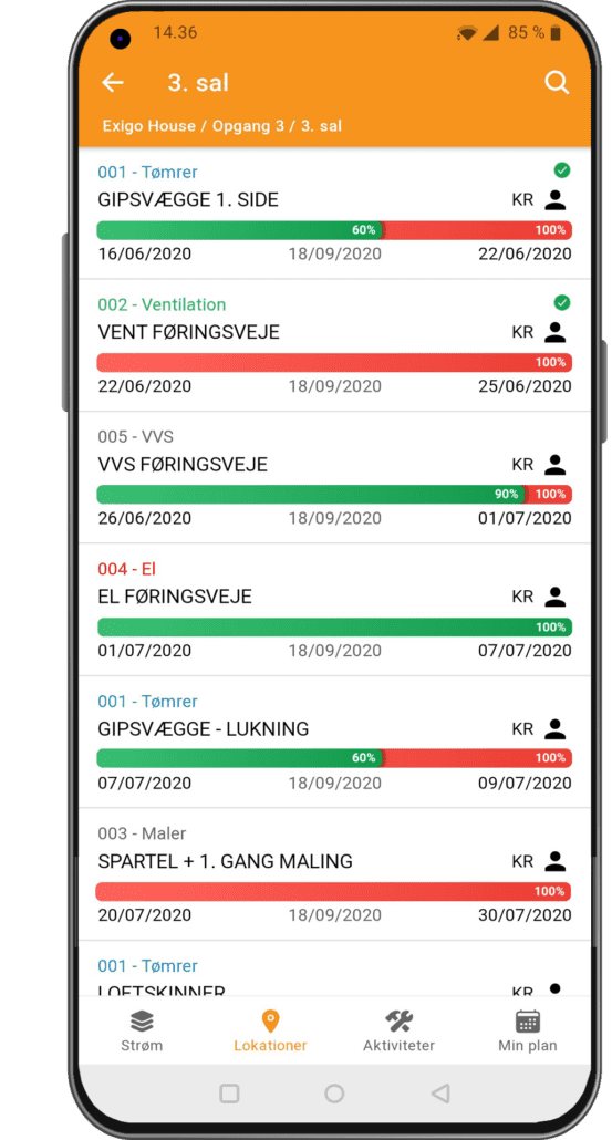 Overblik over fremdrift i Exicute app på mobilen